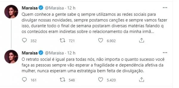 Maraisa nega indiretas ao namoro de Maiara e Fernando.(Imagem:Reprodução/Twitter)