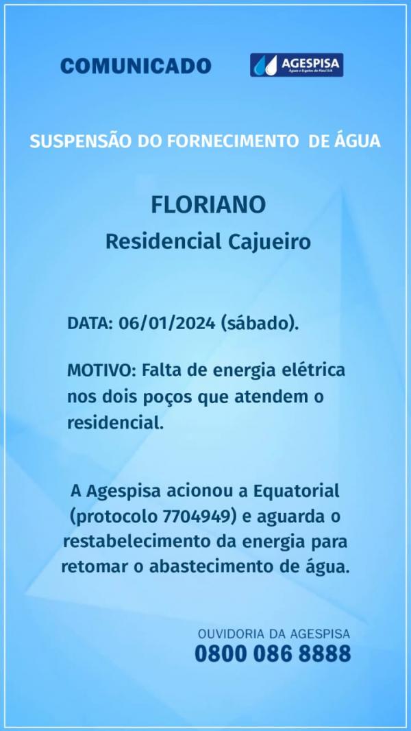 Interrupção no fornecimento de água no Residencial Cajueiro em Floriano é devido à falta de energia elétrica(Imagem:Divulgação)
