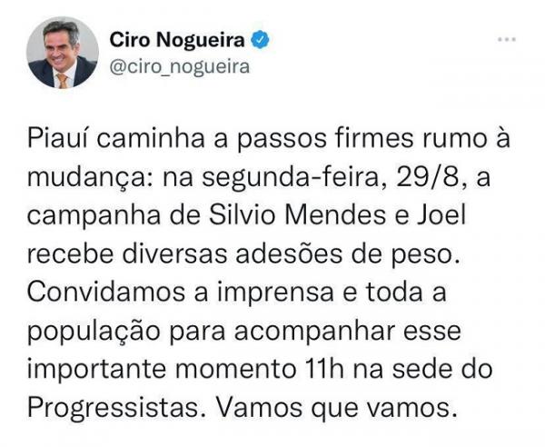 Ciro Nogueira anuncia novas adesões à campanha de Silvio Mendes e Joel Rodrigues.(Imagem:Divulgação)