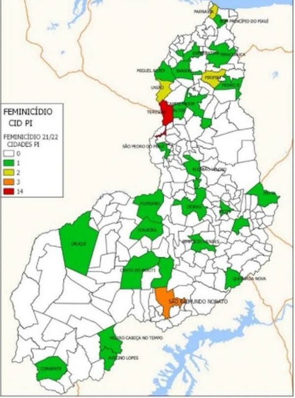  Municípios do Piauí que registraram casos de feminicídio entre janeiro de 2021 a junho de 2022.(Imagem:Elas Vivas Lab, com dados da Secretaria de Seguran)