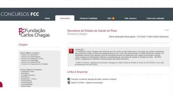 Site falso de inscrições para concurso da Sesapi é usado para aplicar golpes em candidatos, alerta órgão.(Imagem:Reprodução)