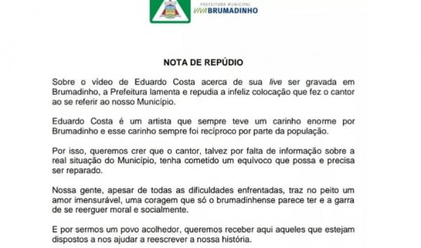 Prefeitura de Brumadinho divulga nota de repúdio após declaração de Eduardo Costa.(Imagem:Reprodução/Facebook)