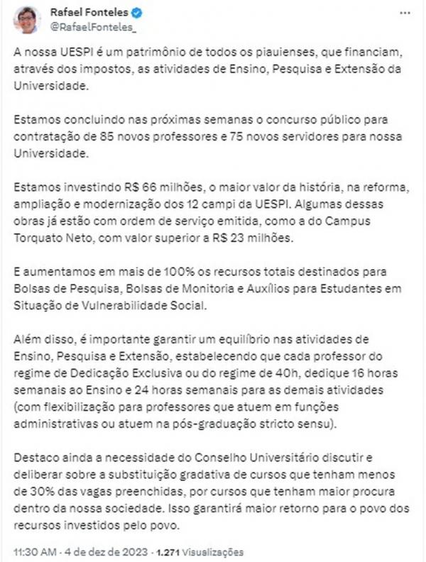 Rafael Fonteles anuncia melhorias para a Uespi.(Imagem:Reprodução/X)