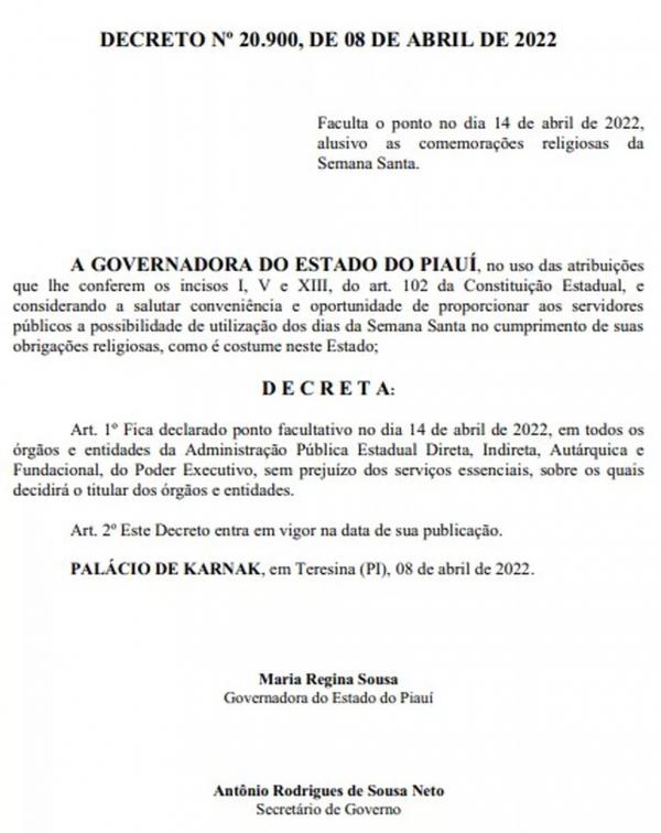  Governo do Piauí decreta ponto facultativo para repartições estaduais no dia 14 de abril.(Imagem:Reprodução/Diário Oficial do Governo do Piauí )