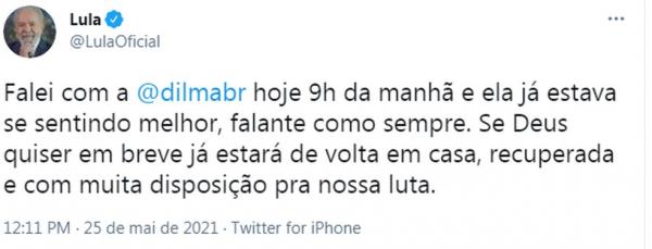 Lula posta mensagem sobre Dilma.(Imagem:Reprodução/Twitter)