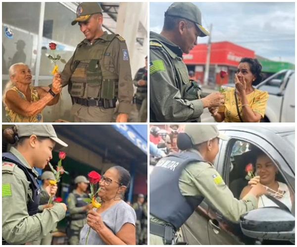 Policiais do 3° Batalhão de Floriano homenageiam mães com flores e chocolates no Dia das Mães.(Imagem:Reprodução/Instagram)