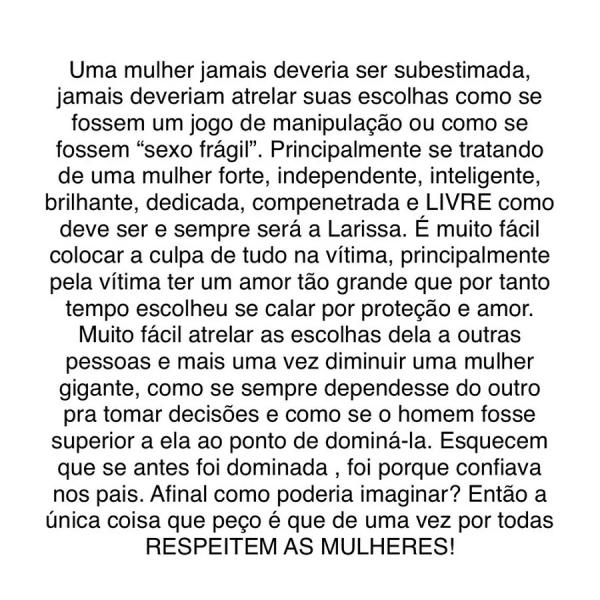 Mensagem do ator André Luiz Frambach em defesa de Larissa Manoela.(Imagem: Reprodução/Instagram)