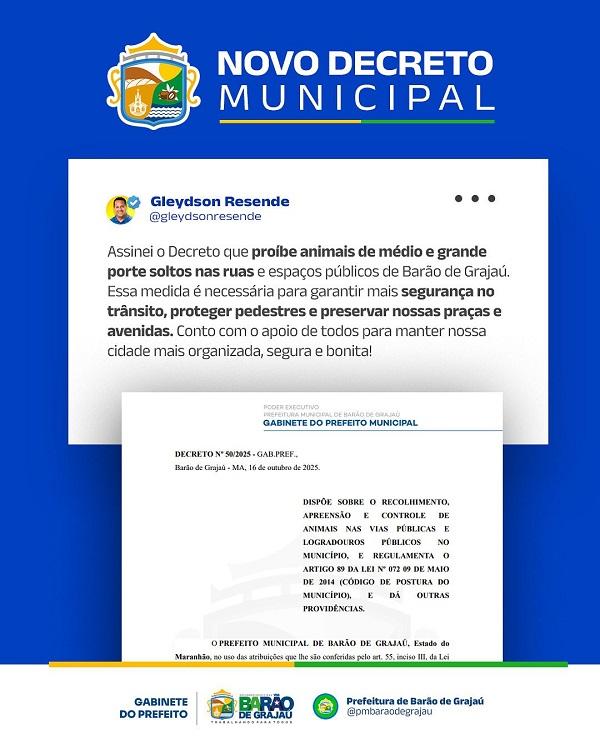 Prefeito Gleydson Resende assina decreto que proíbe animais soltos nas ruas de Barão de Grajaú.(Imagem:Divulgação)