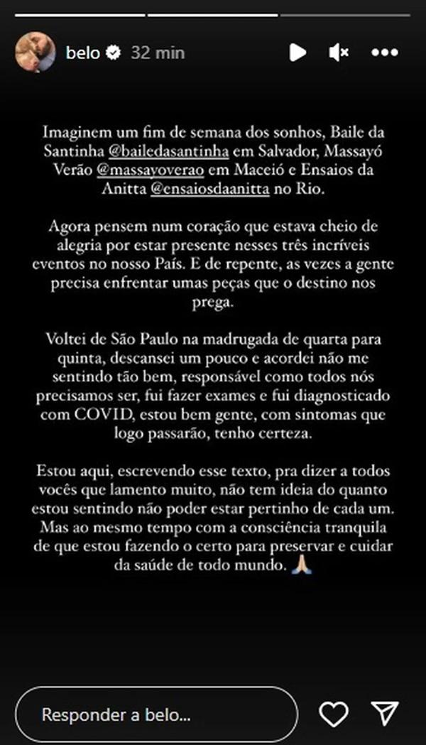 Belo se manifestou nas redes sociais(Imagem:Reprodução/Instagram)