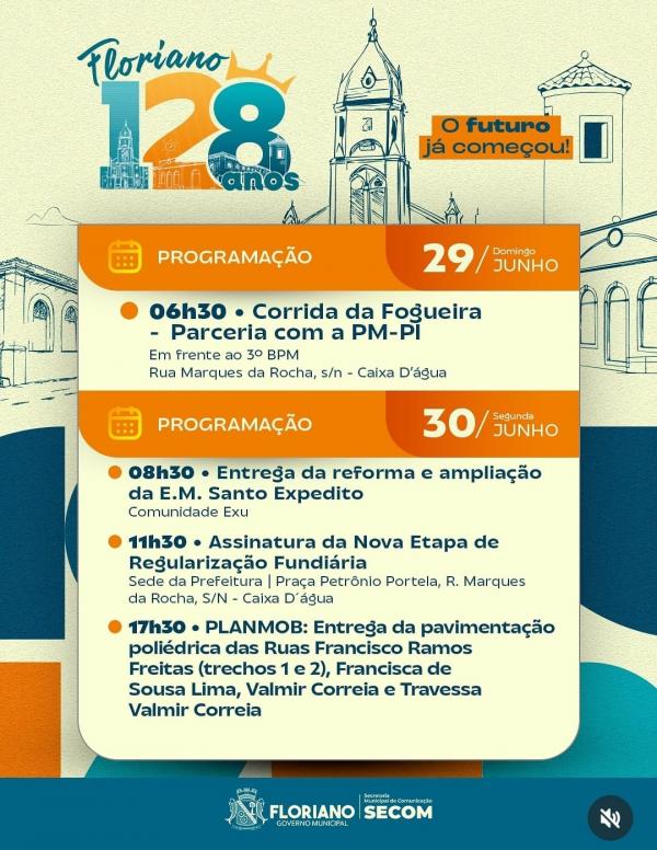 Programação do aniversário de 128 anos de Floriano (Imagem:Reprodução/Instagram)