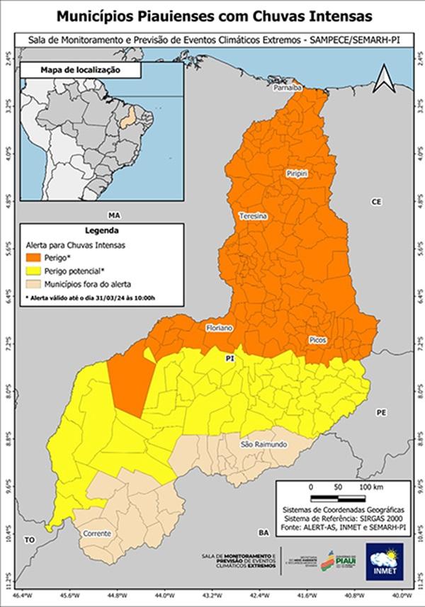 Piauí segue com alertas de chuvas intensas para mais de 190 cidades(Imagem:Inmet)