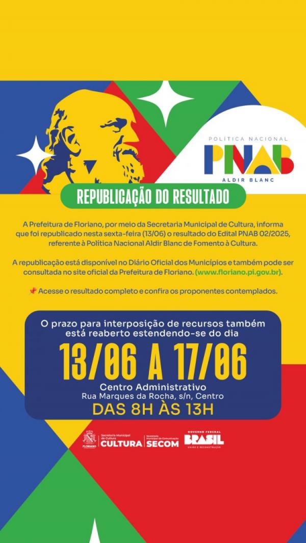 Cultura: Prefeitura de Floriano republica resultado preliminar da Política Nacional Aldir Blanc(Imagem:Secom)