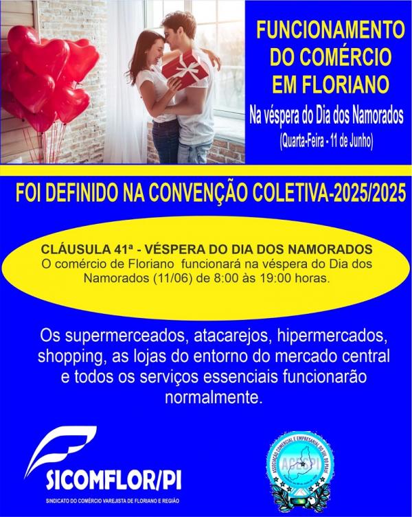 Comércio de Floriano funcionará em horário especial na véspera do Dia dos Namorados.(Imagem:Divulgação)