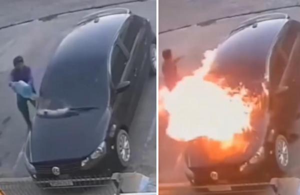 Incêndio que destruiu carro em frente a supermercado no Centro de Floriano foi criminoso.(Imagem:Reprodução/Instagram)