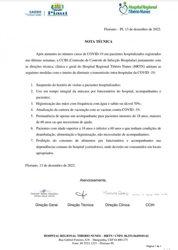 Nota técnica emitida pelo HRTN(Imagem:Divulgação)