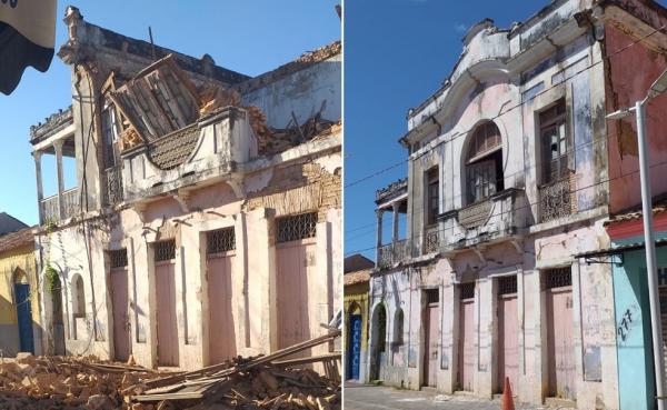 Como ficou e como era o casarão libanês que desabou em Floriano, no Sul do Piauí.(Imagem:Reprodução)