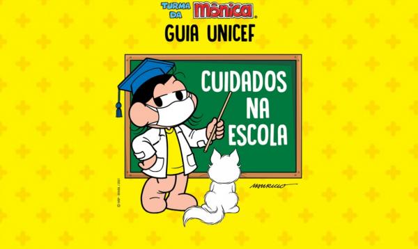 Turma da Mônica ilustra guia para retorno às aulas presenciais.(Imagem:UNICEF Brasil e Mauricio de Sousa Produções)