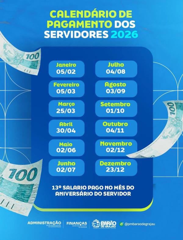 Prefeitura de Bar&atilde;o de Graja&uacute; divulga calend&aacute;rio de pagamentos 2026.(Imagem:Reprodu&ccedil;&atilde;o/Instagram)