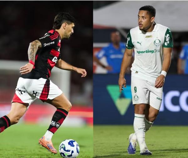 Os atacantes Giorgian de Arrascaeta, do Flamengo, e Vitor Roque, do Palmeiras, estão entre os convocados que desfalcarão os times na 34ª rodada do Brasileirão.(Imagem:Gilvan de Souza/Flamengo e Cesar Greco/Palmeiras)