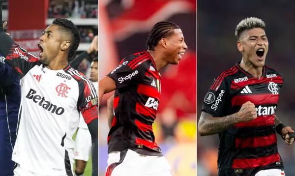 Bruno Henrique, Plata e Carrascal são opções para Flamengo substituir Pedro.(Imagem:Gilvan de Souza/Flamengo; Adriano Fontes/Flamengo; Guito Moreto/Agência O Globo)