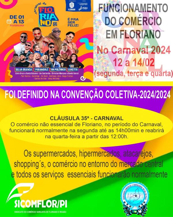 SICOMFLOR informa funcionamento especial do comércio de Floriano no Carnaval 2024.(Imagem:Divulgação)