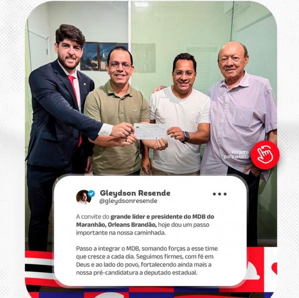 Gleydson Resende se filia ao MDB a convite de Orleans Brand&atilde;o e mira elei&ccedil;&otilde;es de 2026.(Imagem:Divulga&ccedil;&atilde;o)
