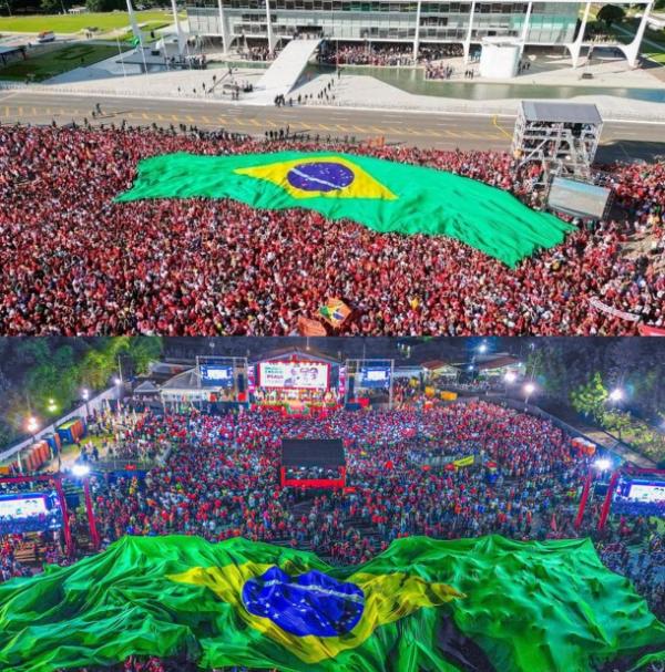 Uma das surpresas que chamaram a atenção na festa de posse do presidente Lula, ontem, em Brasília foi uma bandeira brasileira gigante estendida pelo povo que se aglomerava em frent(Imagem:Reprodução)