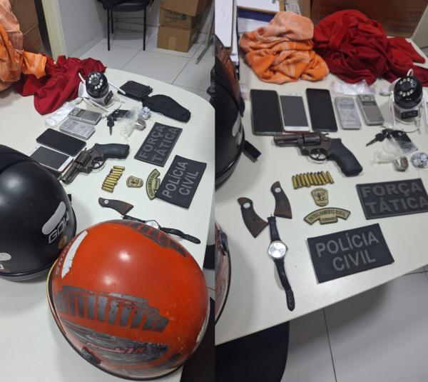 Na ação policial, foram apreendidos uma arma de fogo, munições e celulares, que agora passam por perícia e investigação. (Imagem:Divulgação/PM)