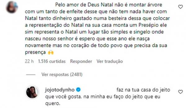 Jojo Todynho rebate seguidora que criticou sua árvore de Natal.(Imagem: Reprodução/Instagram)