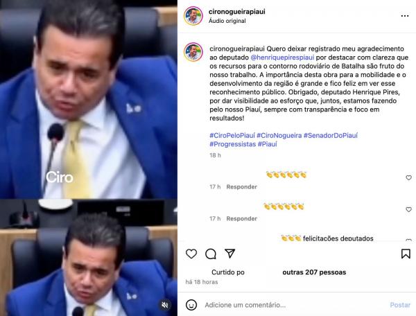Ciro Nogueira agradece deputado Henrique Pires após corrigir Georgiano sobre retomada de obra em Batalha-PI.(Imagem:Ascom)