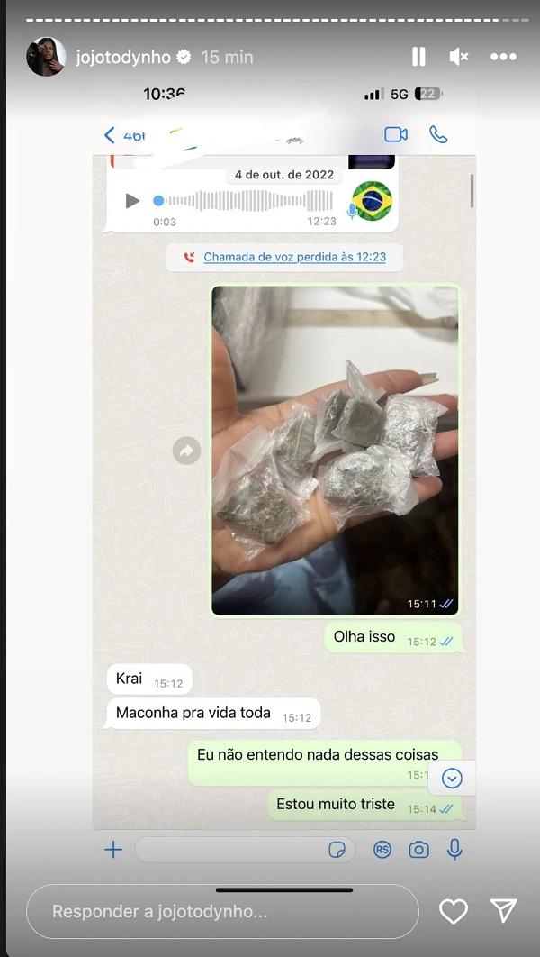 Jojo Todynho mostra prints de conversas com o irmão falando sobre o ex, Lucas Souza, usar drogas.(Imagem:Reprodução/Instagram)