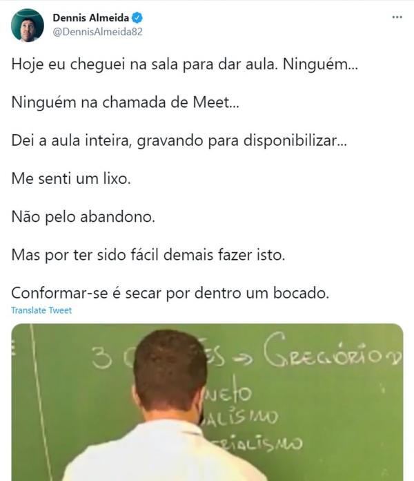 Professor posta em rede social que nenhum aluno entrou em sua aula on-line.(Imagem:Reprodução/Redes sociais)