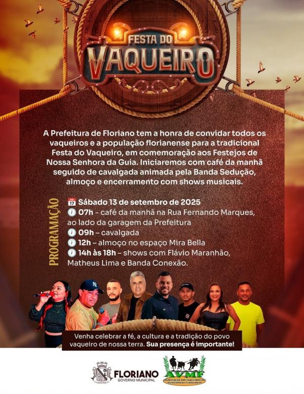 Prefeitura de Floriano convida para a tradicional Festa do Vaqueiro em homenagem a N.S. da Guia.(Imagem:Reprodução/Instagram)