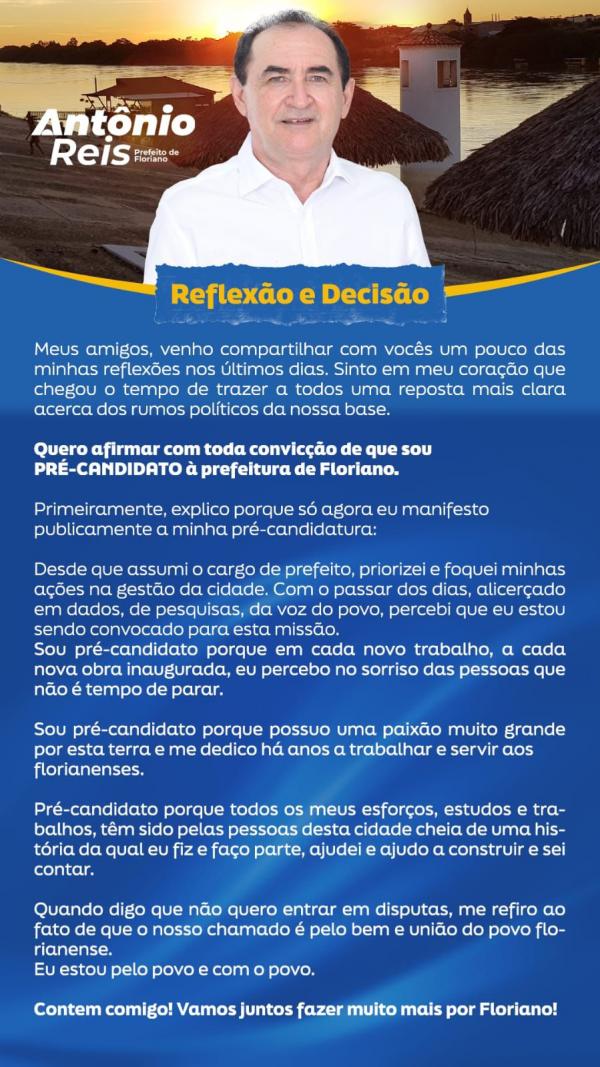 Reflexão e Decisão: Prefeito Antônio Reis anuncia pré-aandidatura à Prefeitura de Floriano.(Imagem:Divulgação)