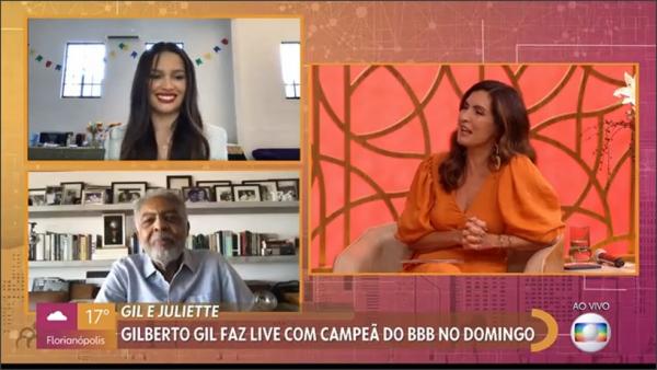 Gilberto Gil e Juliette falam da live que farão juntos, em 13/6, transmitida pelo Globoplay.(Imagem:TV Globo)
