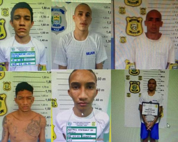 Em cima, da esquerda para a direita: Guilherme Santos, Sergio Gabriel (ou Rafael), Ivan Carlos Costa; Embaixo: Luís Antônio Alves, Mateus Henrique Souza (recapturado), José Edgar N(Imagem:Secretaria de Justiça do Piauí)