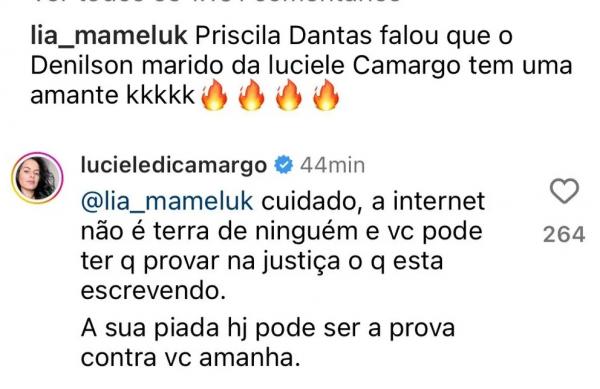 Luciele Camargo rebate internauta que alerta sobre amante de Denílson.(Imagem:Reprodução/Instagram)