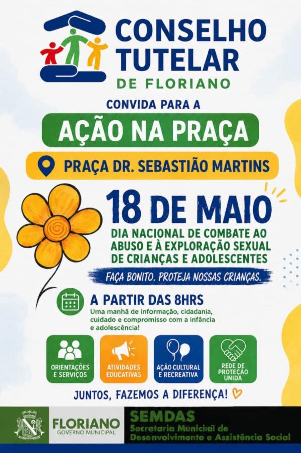 Conselho Tutelar de Floriano realiza A&ccedil;&atilde;o na Pra&ccedil;a em combate ao abuso e explora&ccedil;&atilde;o sexual infantil.(Imagem:Divulga&ccedil;&atilde;o)