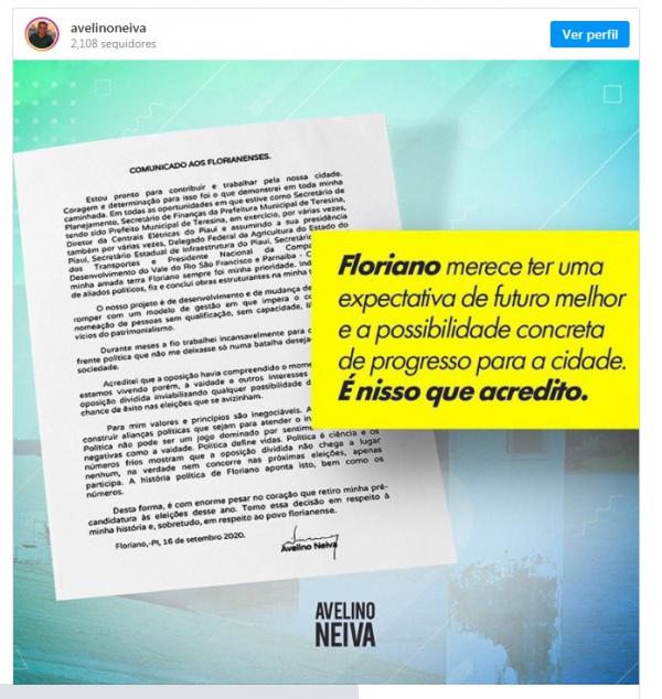 Político lamentou que forças de oposição não tenham se unido e anunciou desistência da pré-candidatura à prefeito da cidade.(Imagem:Reprodução/Instagram)