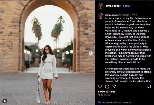 O post de Alma Cooper anunciando sua decisão de não comparecer ao Miss EUA de 2025.(Imagem:Instagram)