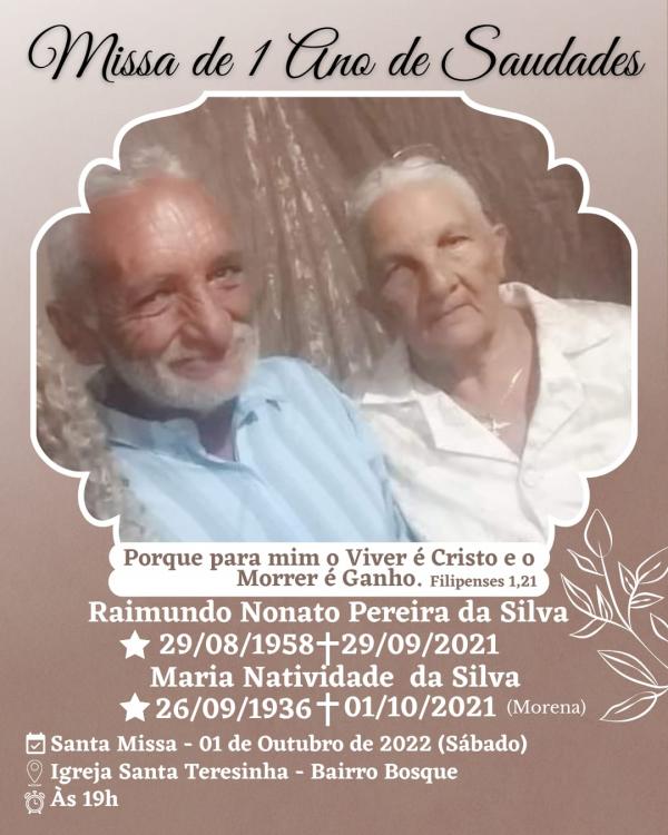 01 ano do falecimento de Raimundo Nonato e Maria Natividade (Morena)(Imagem:Reprodução)