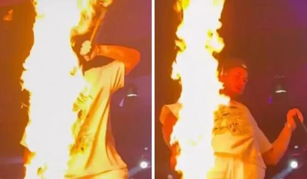  Zé Felipe quase é atingido por fogo durante show.(Imagem:Reprodução/Instagram )
