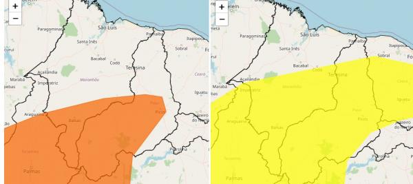 Os alertas amarelo e laranja abrangem quase todos os municípios piauienses.(Imagem:Inmet)