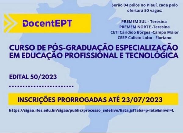 Prorrogadas as inscrições para Curso de Pós-Graduação em Educação Profissional em Floriano.(Imagem:Divulgação)