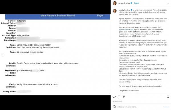 Amabylle Eiroa posta texto no qual acusa Graciele Lacerda de criar perfil fake para semear o caos.(Imagem:Reprodução/Instagram)