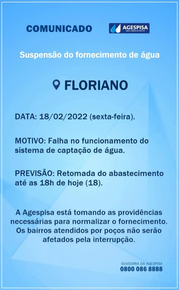 Agespisa comunica suspensão do fornecimento de água nesta sexta em Floriano.(Imagem:Divulgação)