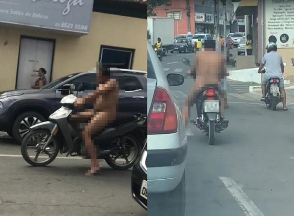 Homem nu é flagrado pilotando motocicleta pelas ruas de Floriano.(Imagem: Reprodução )