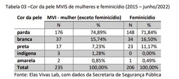  Cor de pele MVIS de mulheres e feminicídio (2015 - junho/2022).(Imagem: Elas Vivas Lab )