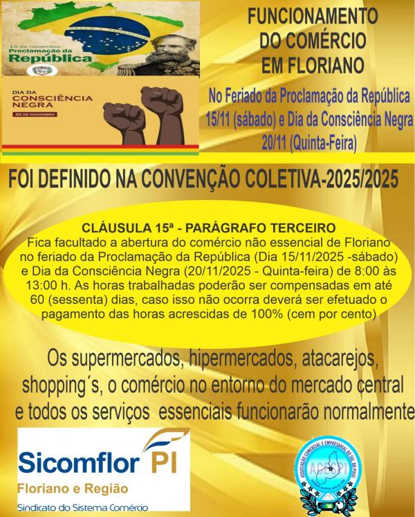  Comércio de Floriano funcionará em horário especial nos feriados de 15 e 20 de novembro(Imagem:Divulgação)