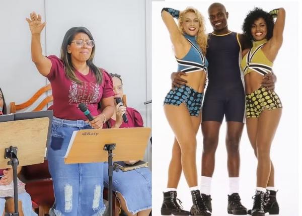 Débora Brasil no culto e nos tempos de Tchan com Jacaré e Carla Perez.(Imagem: Rubia Adorno/ rep/ instagram e divulgação)
